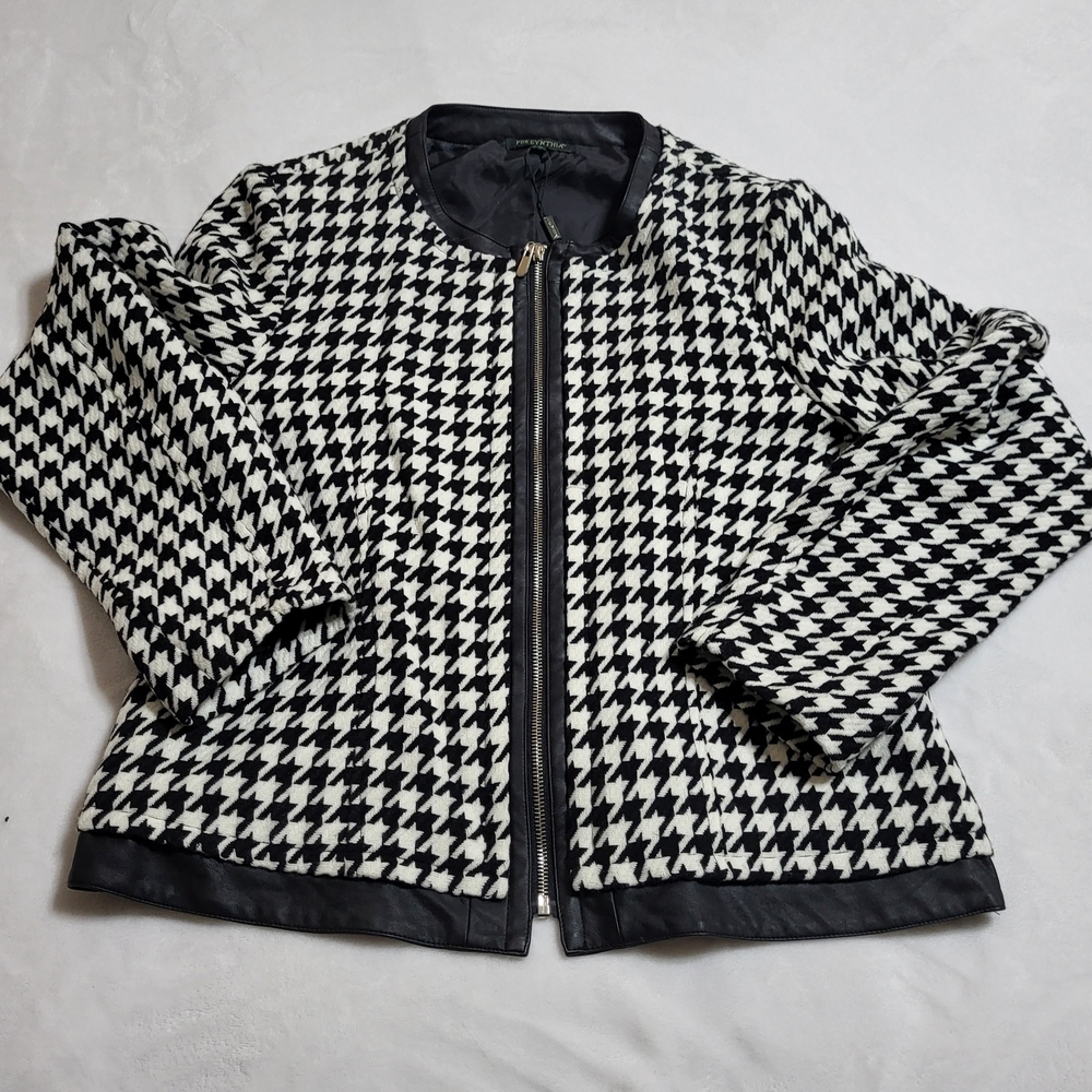 Forcynthia Houndstooth Jacket Blazer Zipper Front NWT Size XL MSRP $88